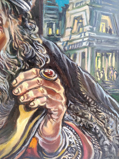Oil painting of sage behind book by Alexander Arkadievich Litvinov with red gemstone ring hand