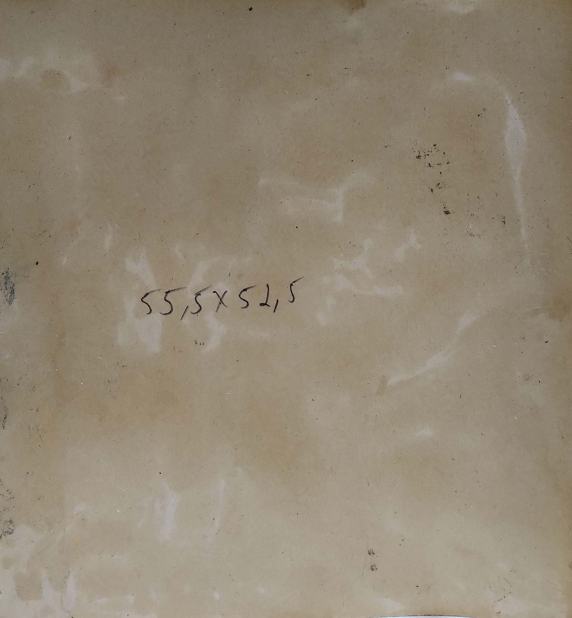 Back of oil painting Sage behind a book by Alexander Arkadievich Litvinov with beige textured surface and handwritten measurements 55.5 x 52.5 cm in black ink