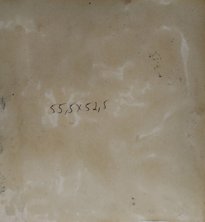 Back of oil painting Sage behind a book by Alexander Arkadievich Litvinov with beige textured surface and handwritten measurements 55.5 x 52.5 cm in black ink