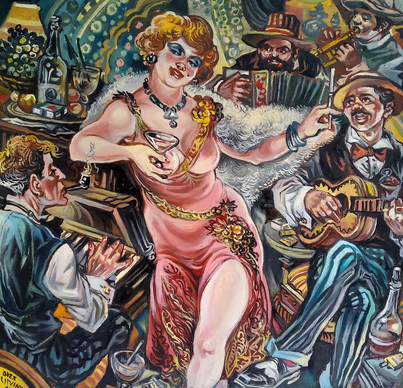 Oil painting by Alexander Litvinov: glamorous female figure in bar, pink dress, fur stole