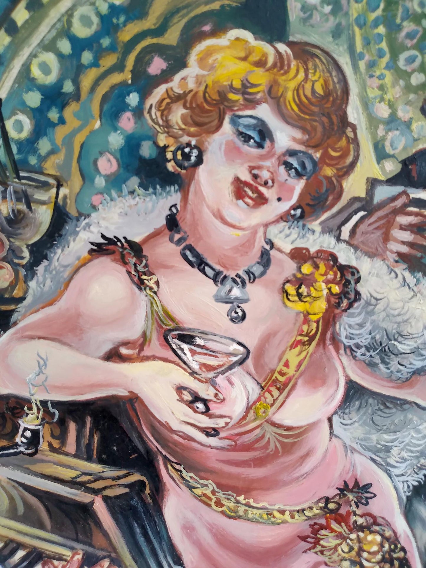 Oil painting of female figure in pink ornate dress holding martini by Litvinov