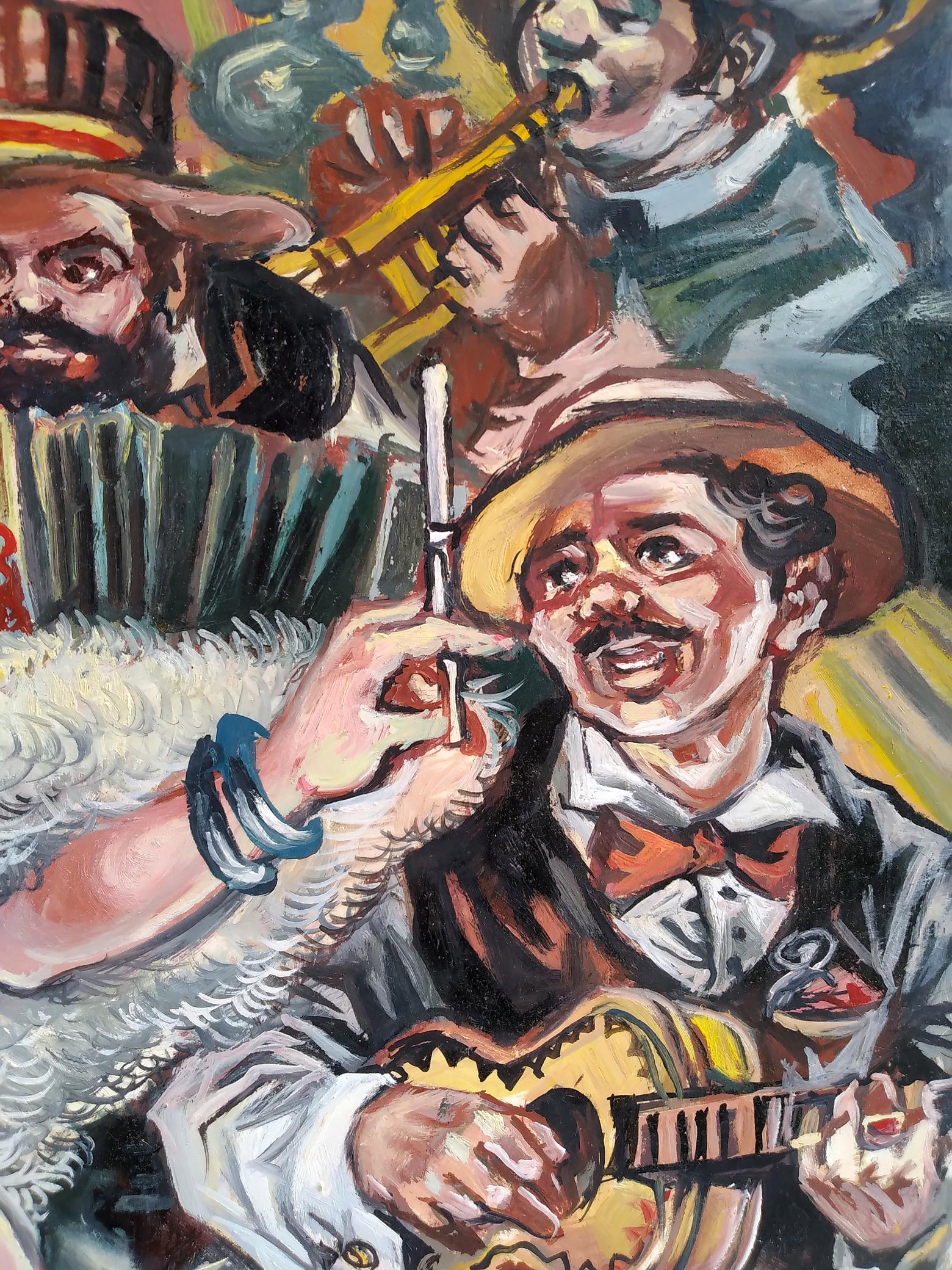 Vibrant oil painting of joyful musician with mandolin in bar by Litvinov