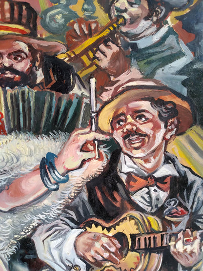 Vibrant oil painting of joyful musician with mandolin in bar by Litvinov