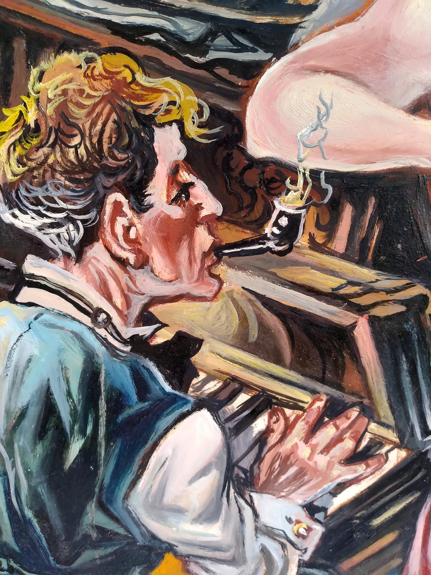 Man with curly blonde hair in blue vest plays instrument, smokes pipe in bar oil painting by Litvinov