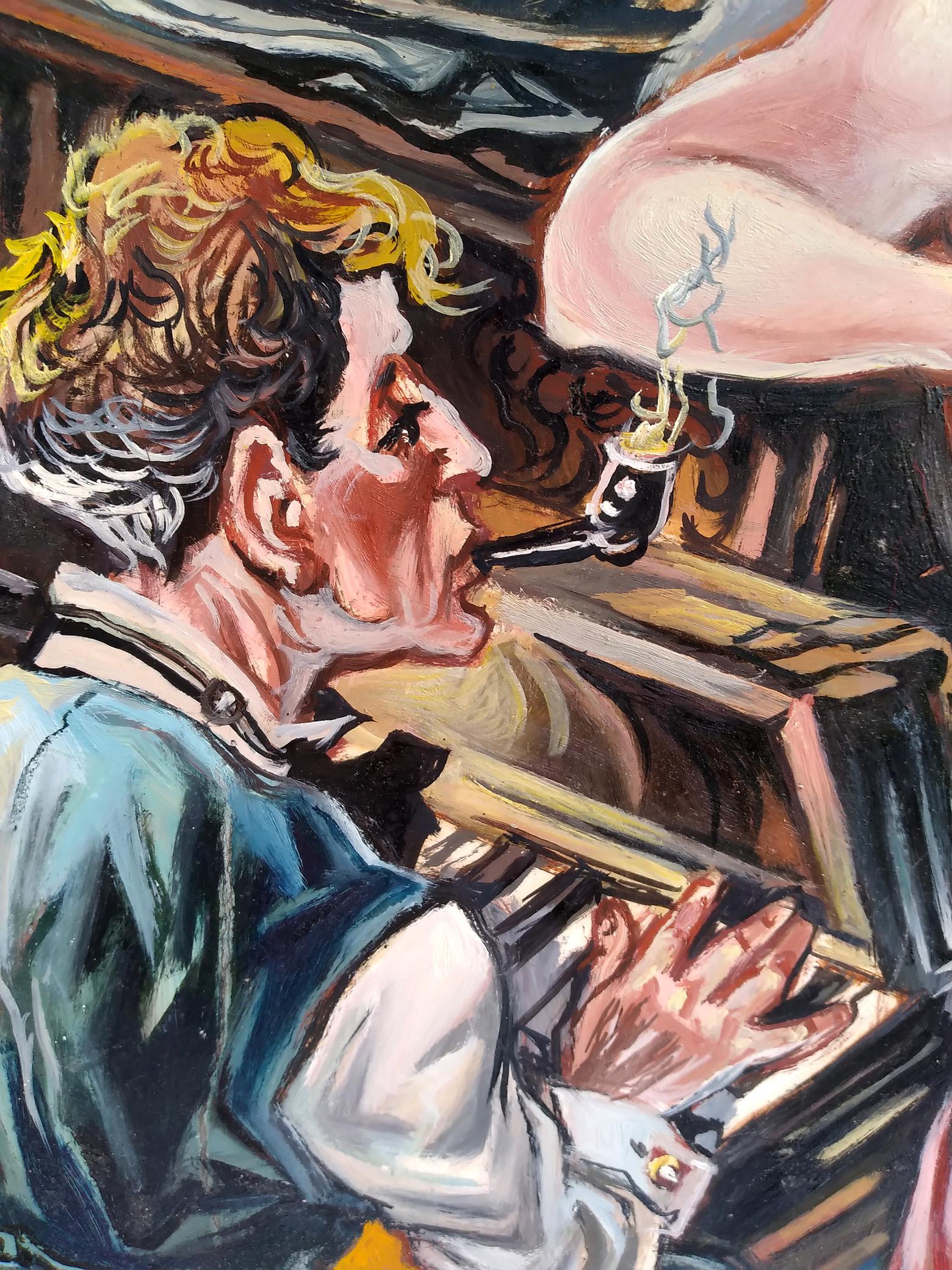 Man with curly blonde hair in blue vest plays instrument, smokes pipe in bar oil painting by Litvinov
