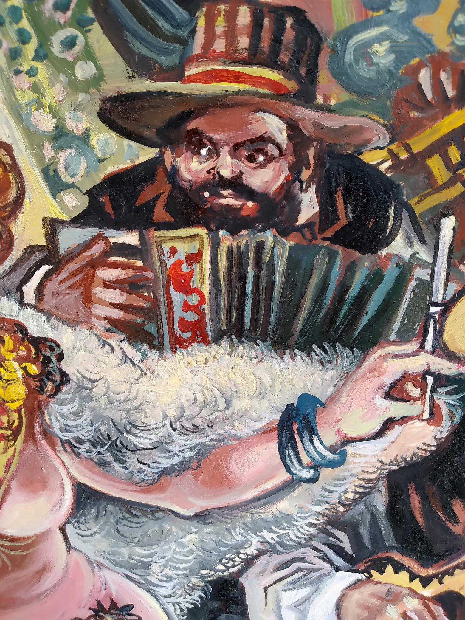 Oil painting by Alexander Arkadievich Litvinov: bearded man in striped hat playing accordion in bar with female figure