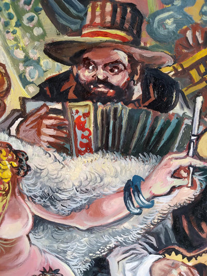 Oil painting by Alexander Arkadievich Litvinov: bearded man in striped hat playing accordion in bar with female figure