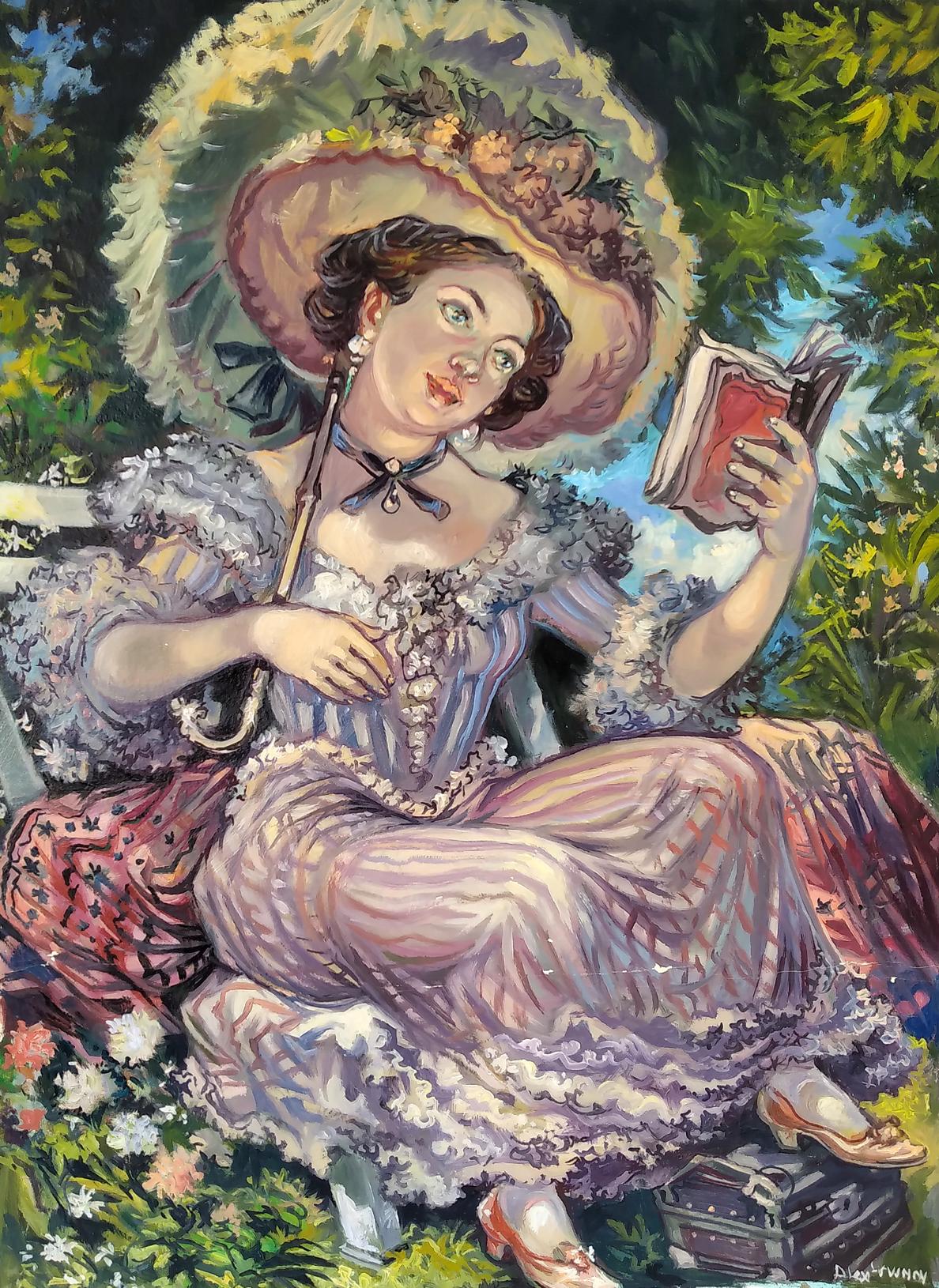 Oil painting portrait of Madam Alexander Arkadievich Litvinov in lace dress with book