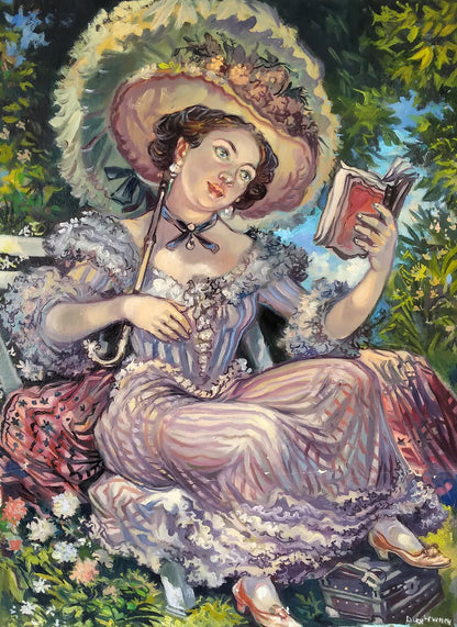 Oil painting portrait of Madam Alexander Arkadievich Litvinov in lace dress with book