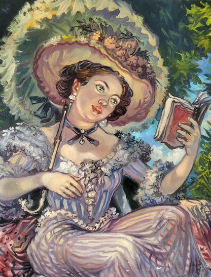 Oil painting portrait of madam Alexander Arkadievich Litvinov in straw hat and striped dress