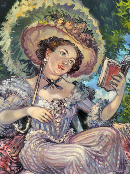Oil painting portrait of Madam Alexander Arkadievich Litvinov in floral hat and lavender dress