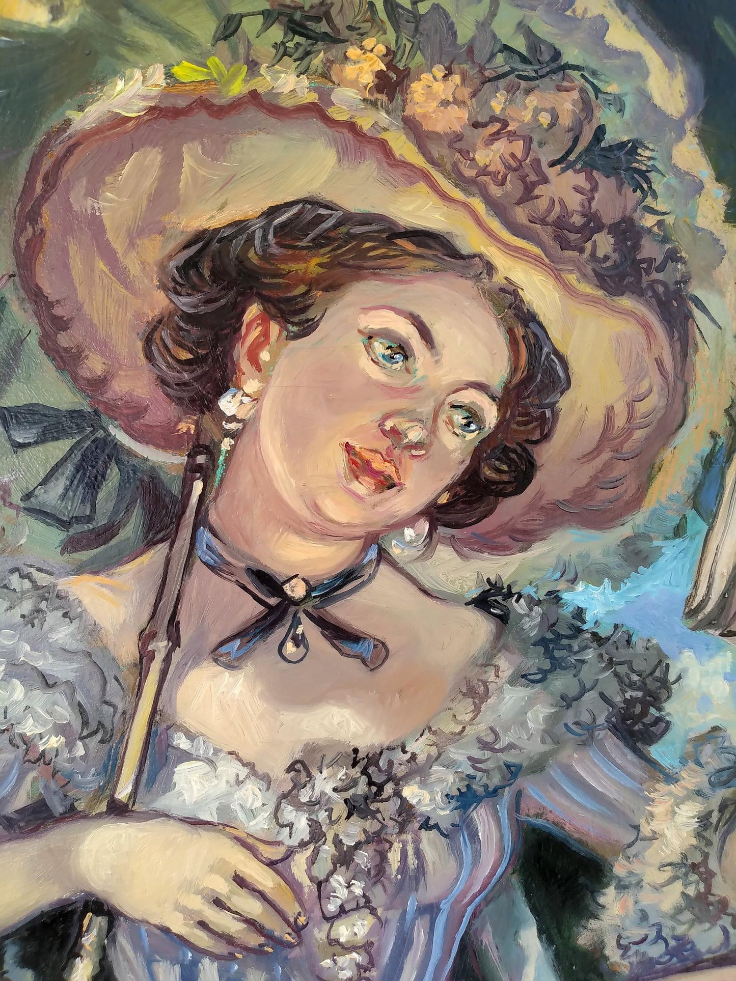 Oil painting portrait of Madam Alexander Arkadievich Litvinov in floral hat and lace dress