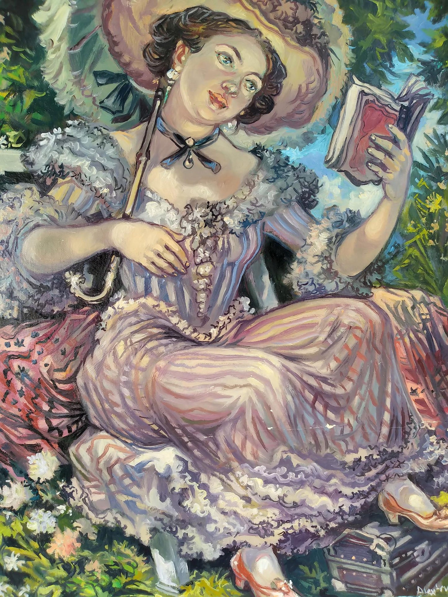 Oil painting portrait of Madam Alexander Arkadievich Litvinov in lavender striped dress holding book