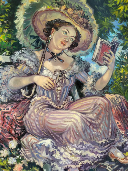 Oil painting portrait of Madam Alexander Arkadievich Litvinov in floral hat and gown