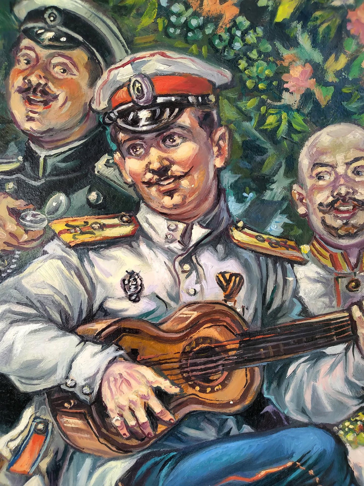 Oil painting of soldier holding wooden ukulele by Alexander Arkadievich Litvinov