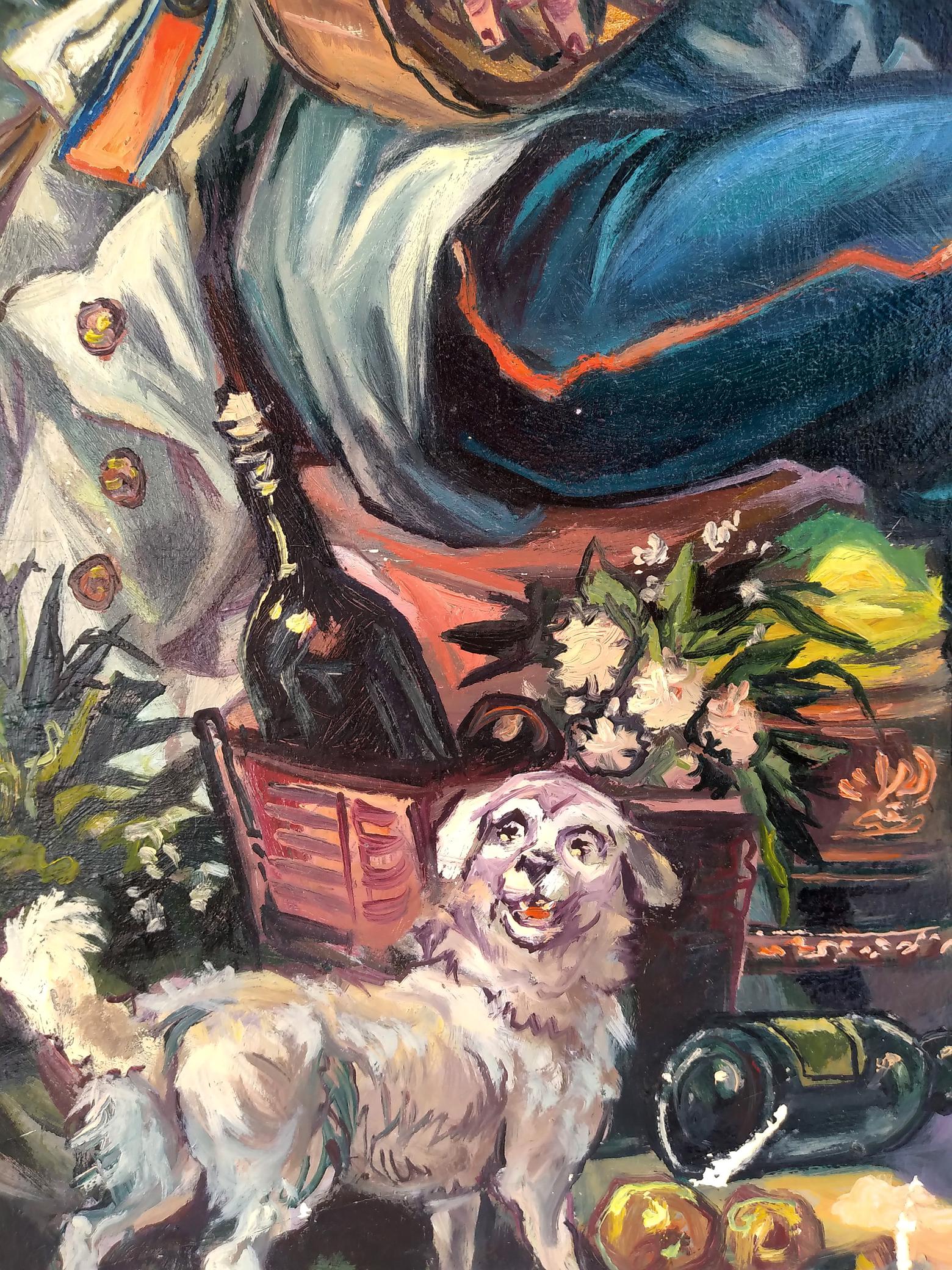 Oil painting by Alexander Arkadievich Litvinov of joyful fluffy white dog and flower basket