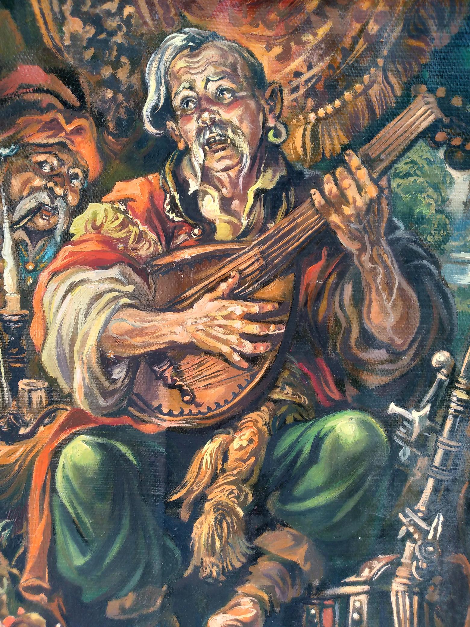 Oil painting of elderly Cossack musician holding rustic wooden lute by Litvinov
