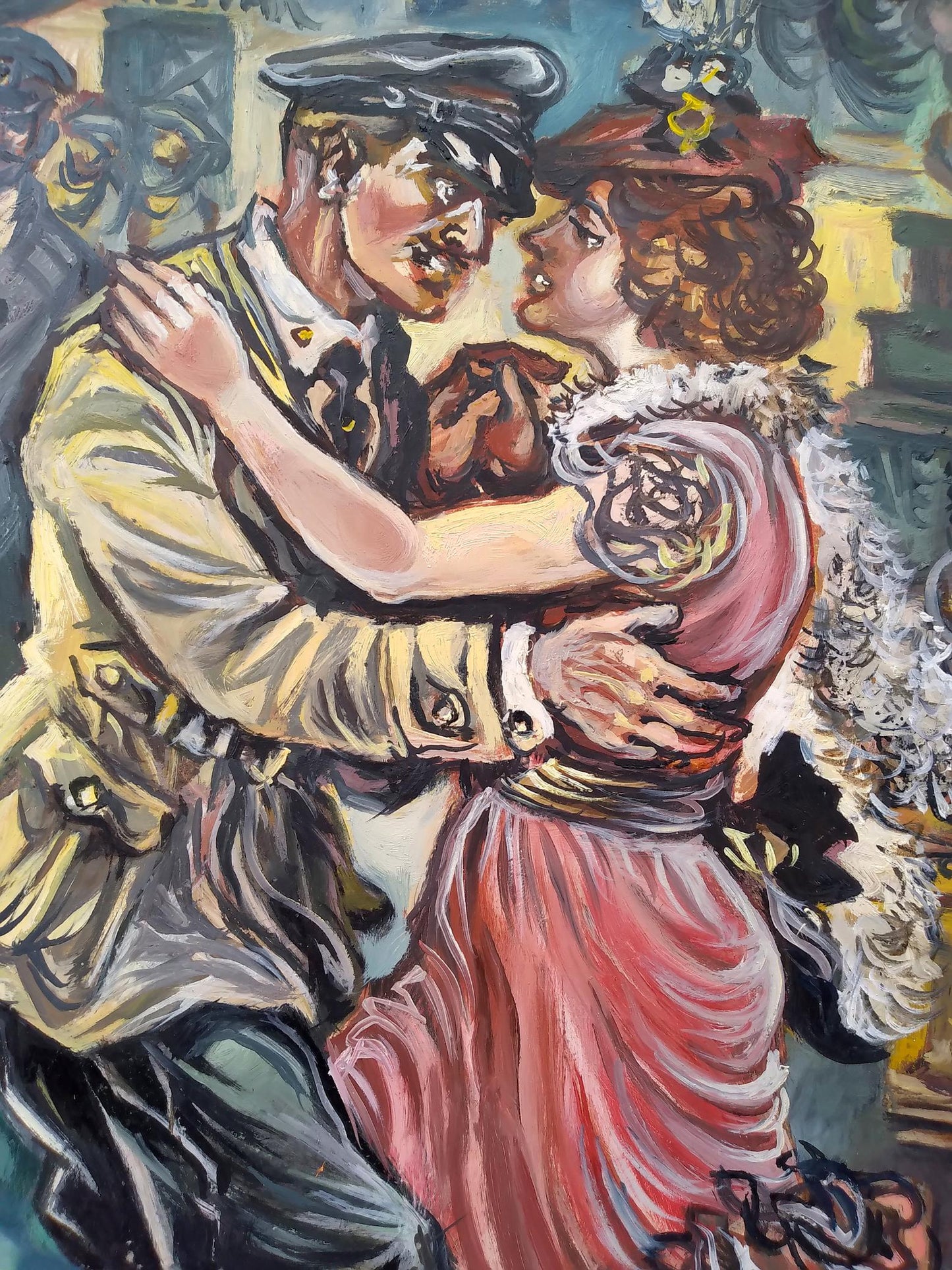 Vibrant oil painting of Officers in the Restaurant by Litvinov, intimate embrace