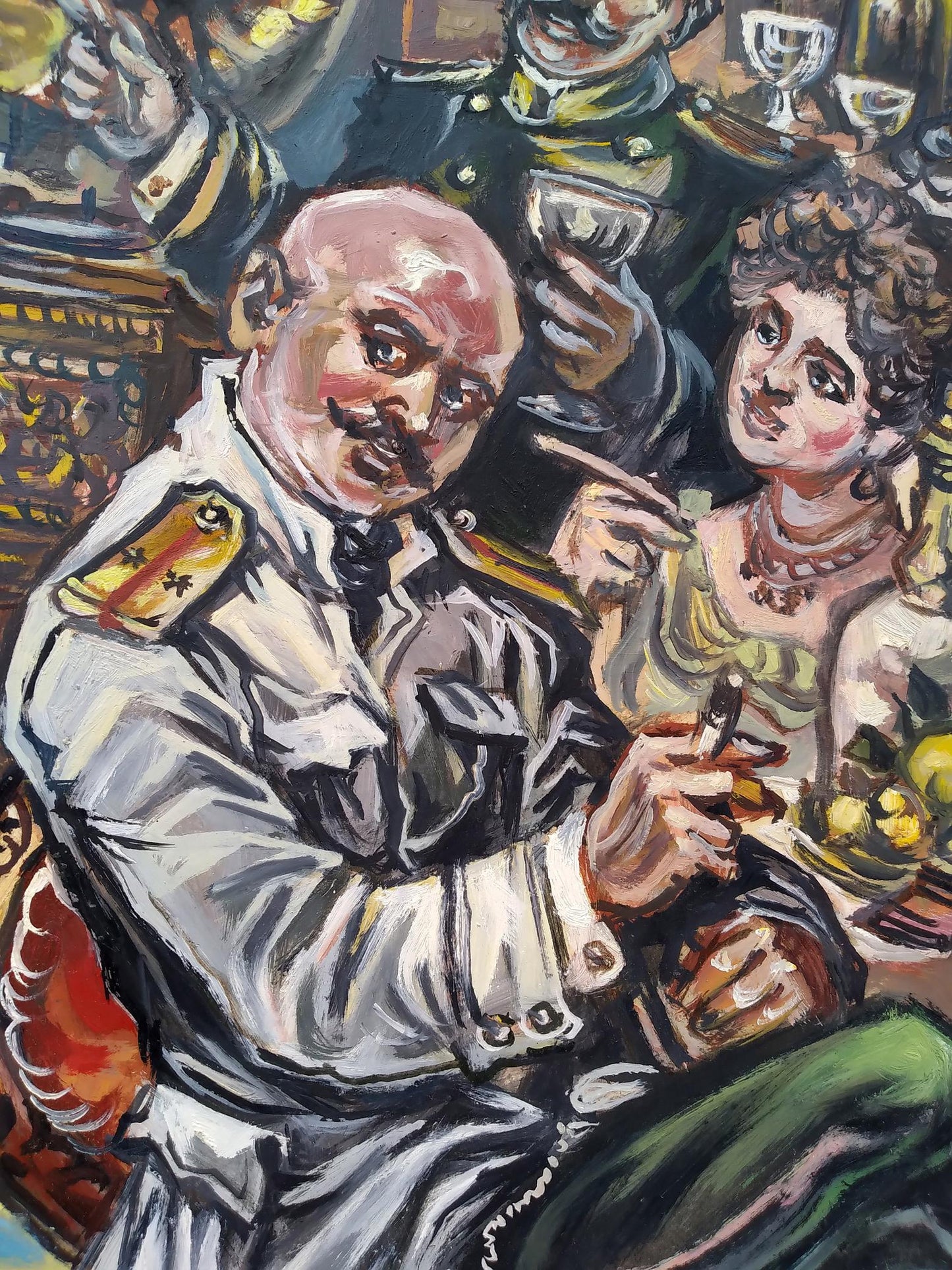 Oil painting of bald officer with cigar by Litvinov