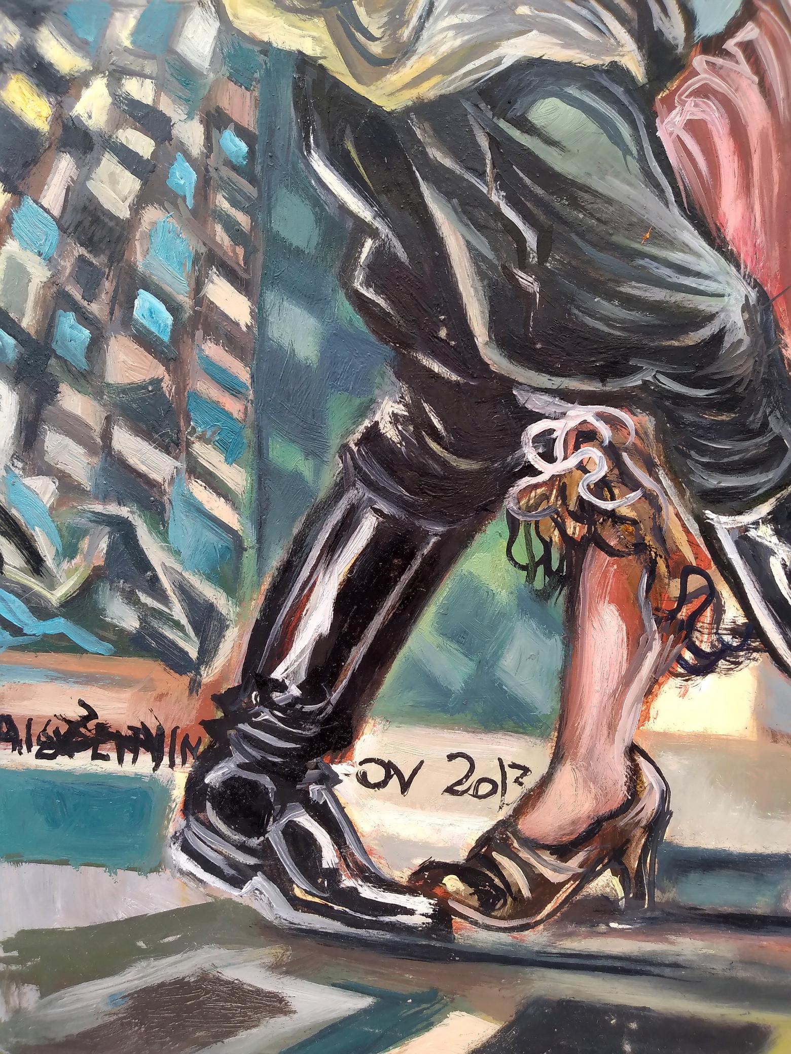 Oil painting of officer in restaurant by Litvinov with black high-heeled shoes
