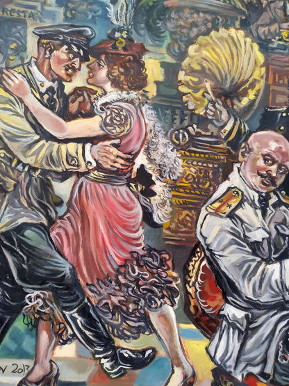 Vibrant 1920s oil painting by Litvinov of officers in restaurant dance scene