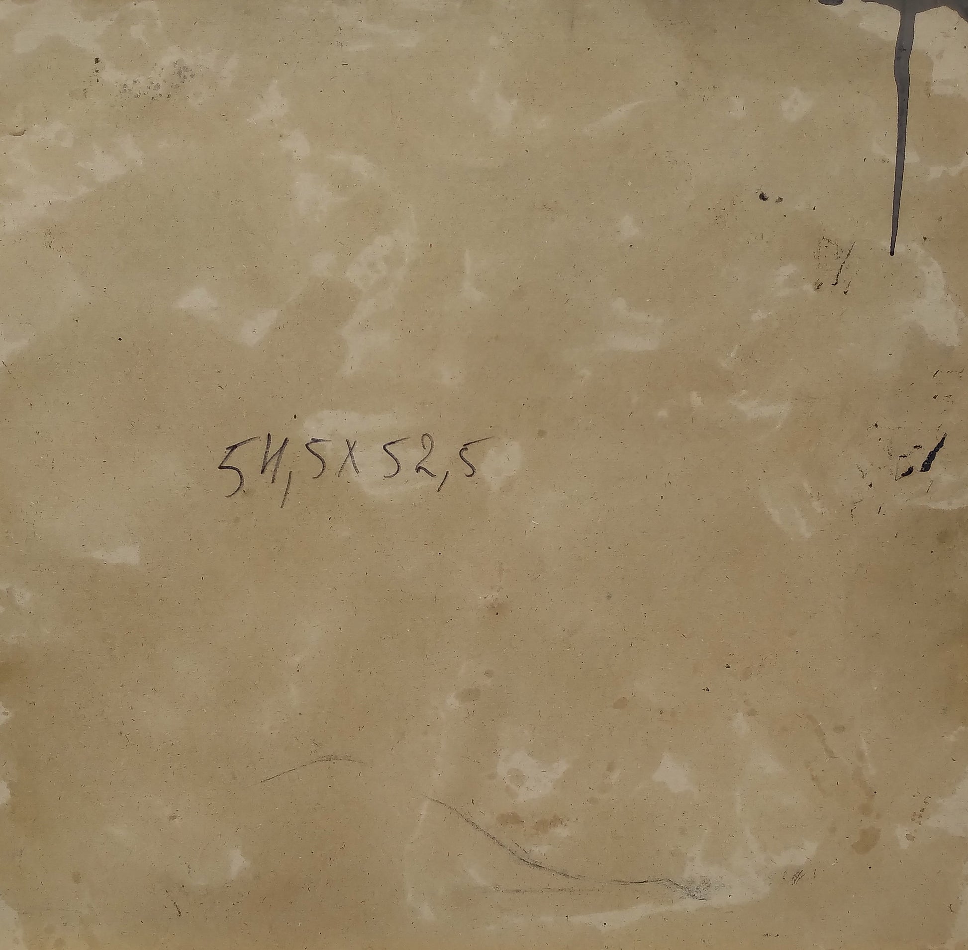 Back of Oil painting Officers in the restaurant by Alexander Litvinov with beige textured surface, handwritten measurements and faint pencil sketch