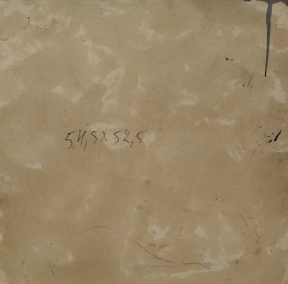 Back of Oil painting Officers in the restaurant by Alexander Litvinov with beige textured surface, handwritten measurements and faint pencil sketch