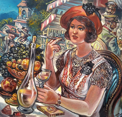Oil painting of glamor girl in red hat and lace dress by Litvinov