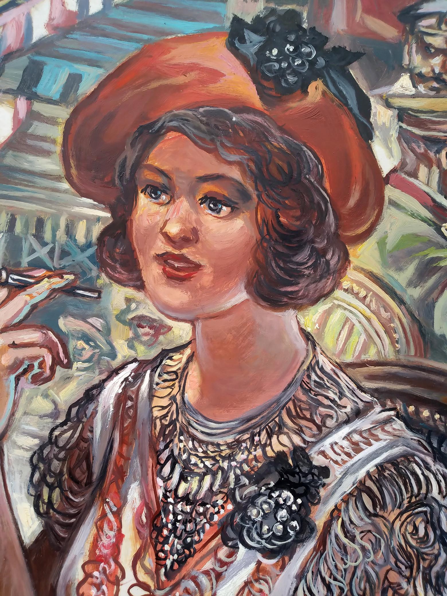 Oil painting of glamor girl in red hat and embroidered blouse by Litvinov