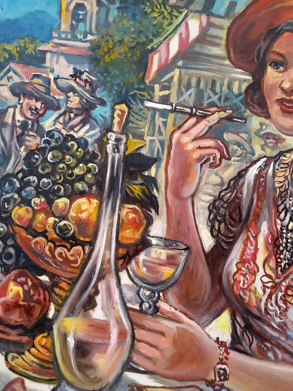 Oil painting of glamor girl by Alexander Arkadievich Litvinov in golden bottle
