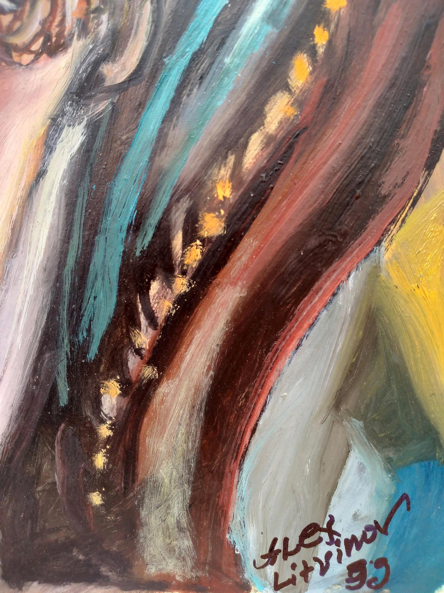 Oil painting Glamor girl by Alexander Arkadievich Litvinov with teal, brown, yellow, gold accents
