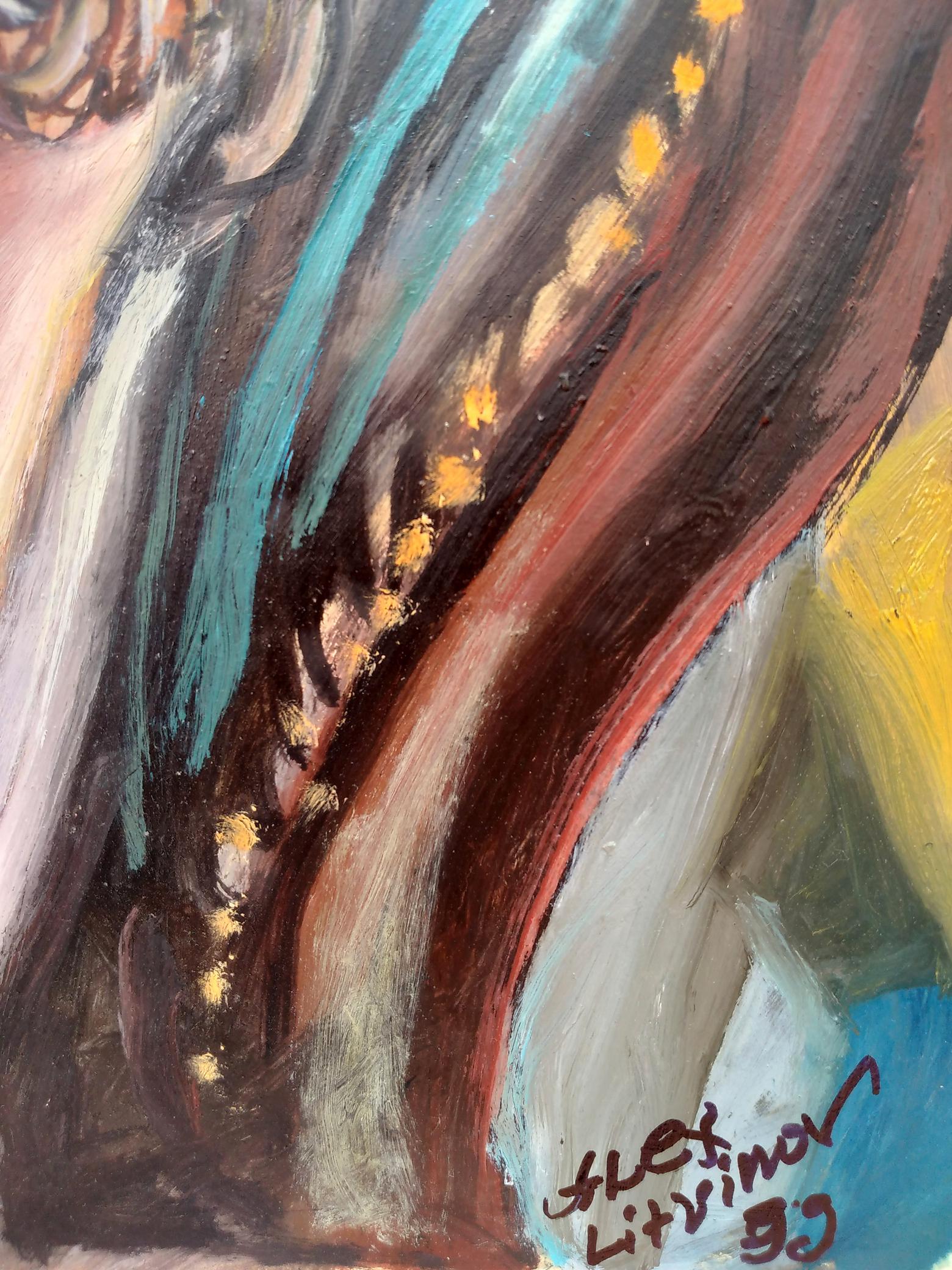Oil painting Glamor girl by Alexander Arkadievich Litvinov with teal, brown, yellow, gold accents
