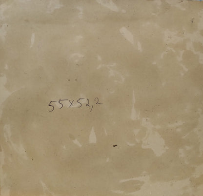 Back of beige marble tile with veining, measurement mark, Litvinov glamor girl painting