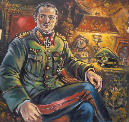 Social realism portrait of officer Alexander Arkadievich Litvinov in olive-green uniform with Iron Cross