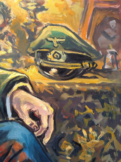 Social realism oil painting of officer Alexander Arkadievich Litvinov in green cap