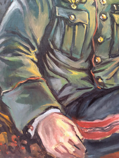 Social realism portrait of officer Alexander Arkadievich Litvinov in olive-green military coat