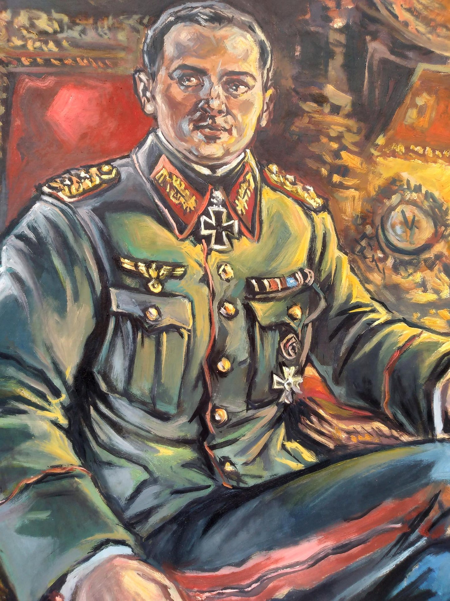 Social realism oil painting portrait of officer Alexander Arkadievich Litvinov in olive-green uniform with Iron Cross medals