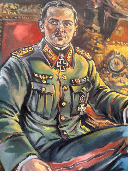 Social realism oil painting portrait of officer Alexander Arkadievich Litvinov in olive-green uniform with Iron Cross medals