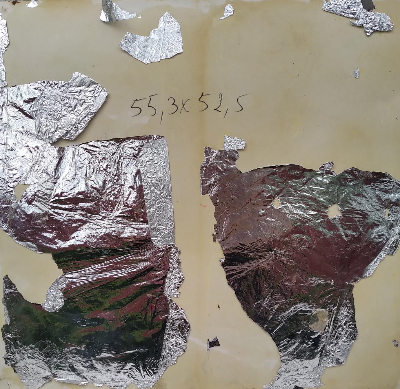 Back of social realism oil painting Portrait of officer Alexander Arkadievich Litvinov with crinkled silver and maroon foil on beige surface
