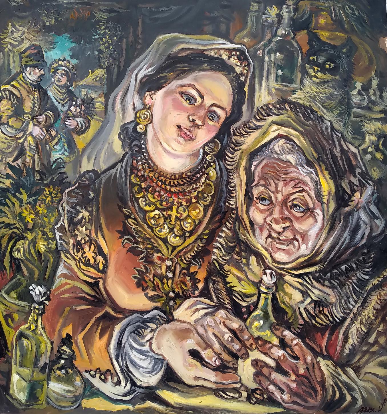 Oil painting of daughter and mom by Alexander Arkadievich Litvinov