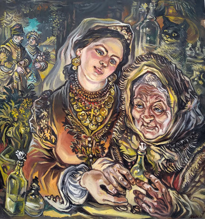 Oil painting of daughter and mom by Alexander Arkadievich Litvinov