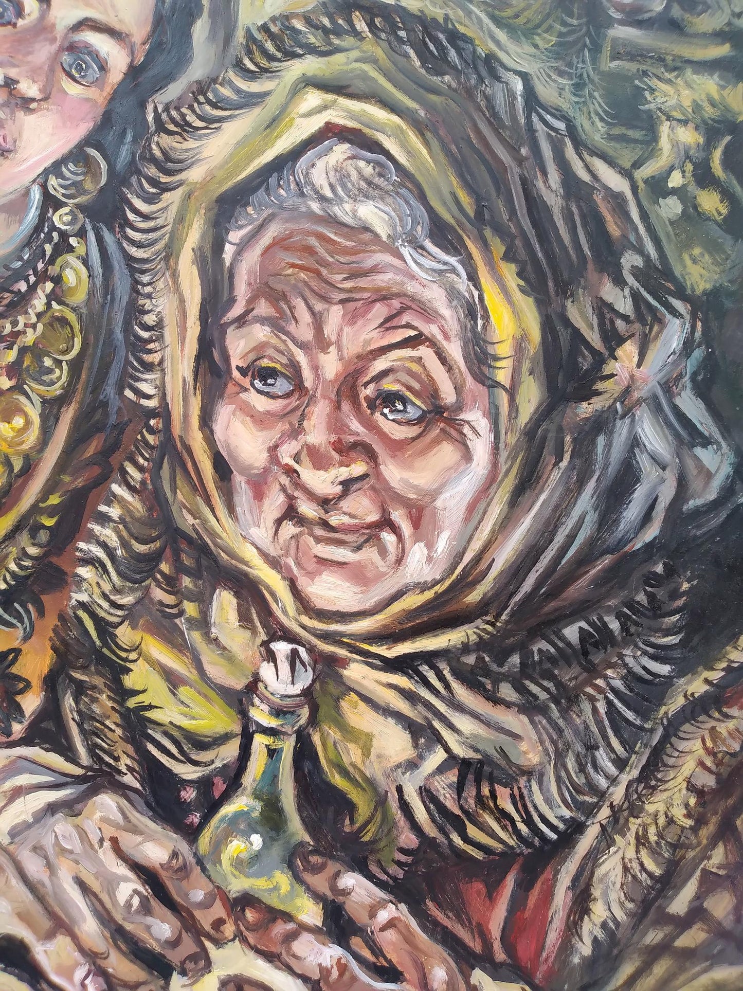 Oil painting of elderly mom and daughter by Alexander Arkadievich Litvinov