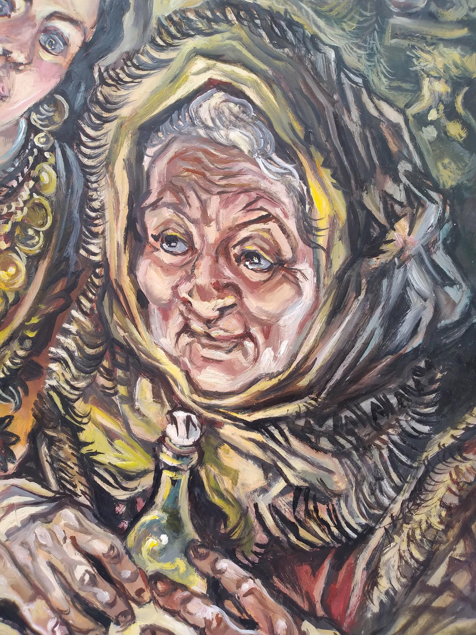 Oil painting of elderly mom and daughter by Alexander Arkadievich Litvinov
