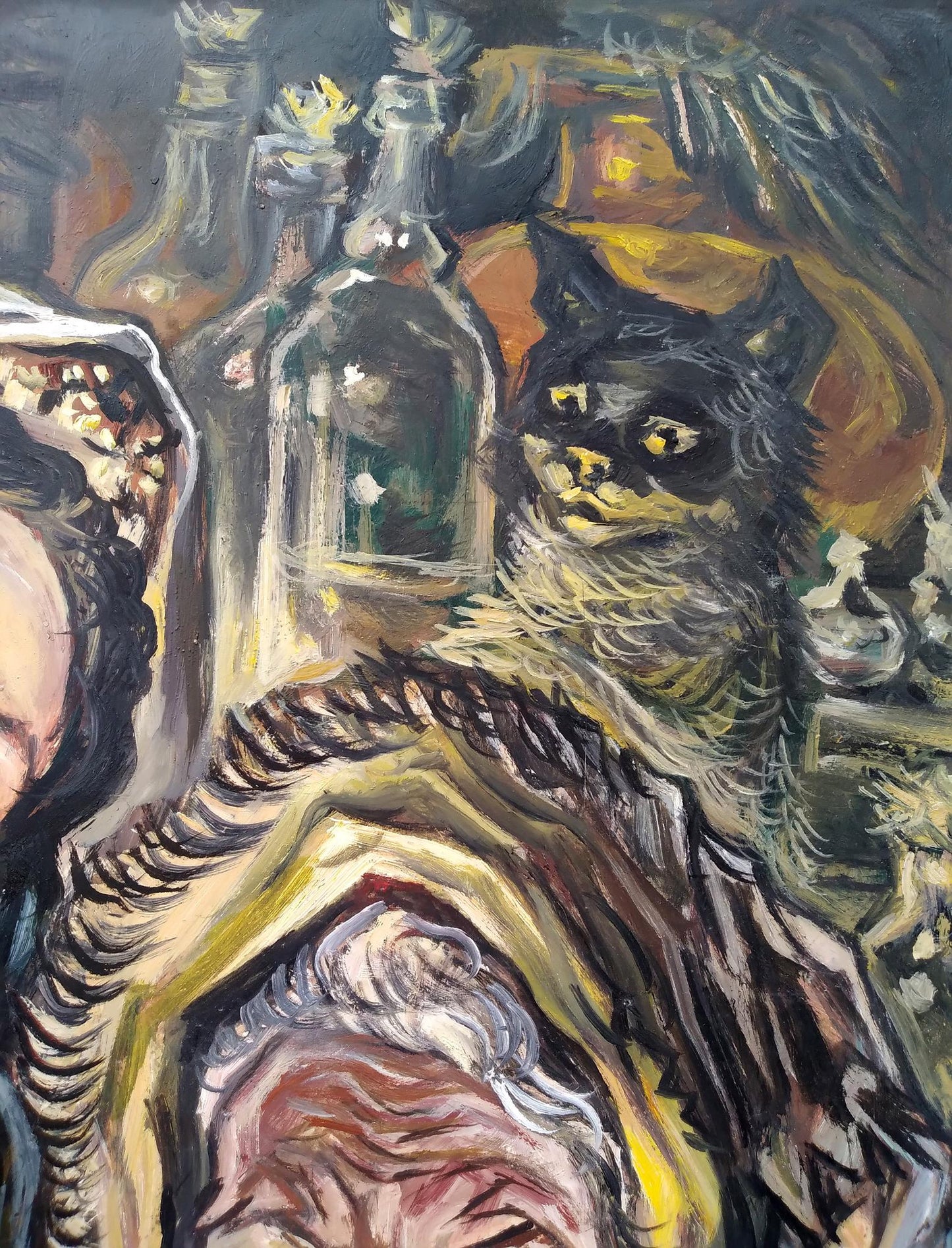 Oil painting of black cat with yellow eyes by Alexander Arkadievich Litvinov