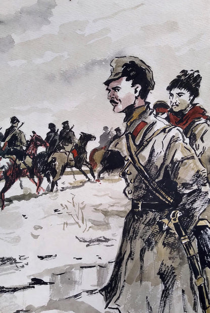 Social realism watercolor of soldiers on snowy battlefield road
