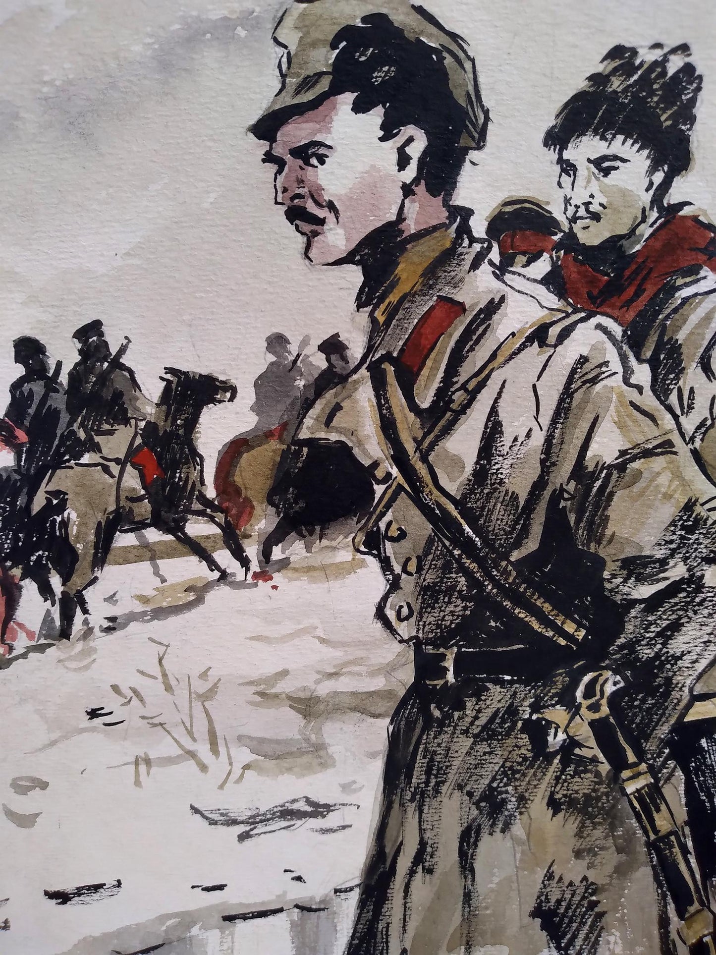 Social realism watercolor of soldiers on horseback by unknown artist
