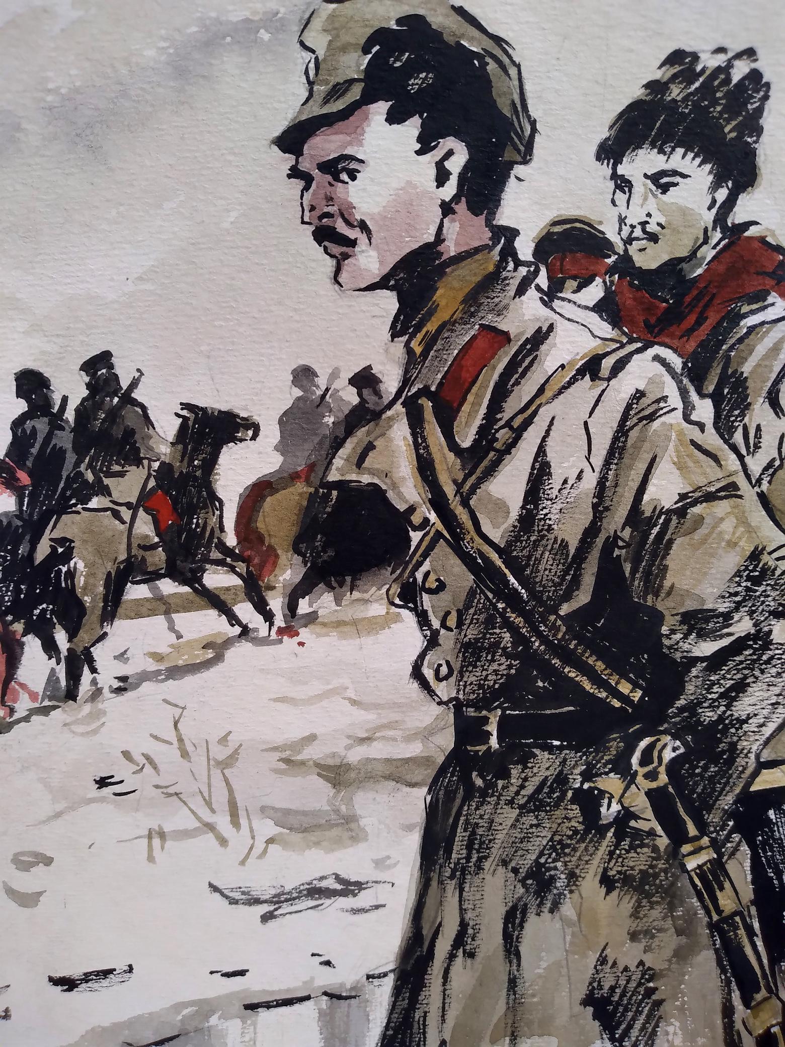 Social realism watercolor of soldiers on horseback by unknown artist