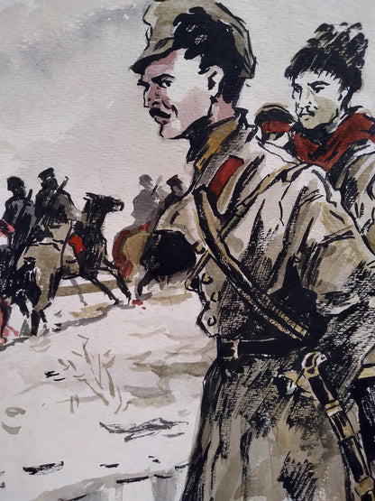 Social realism watercolor of soldiers on horseback by unknown artist