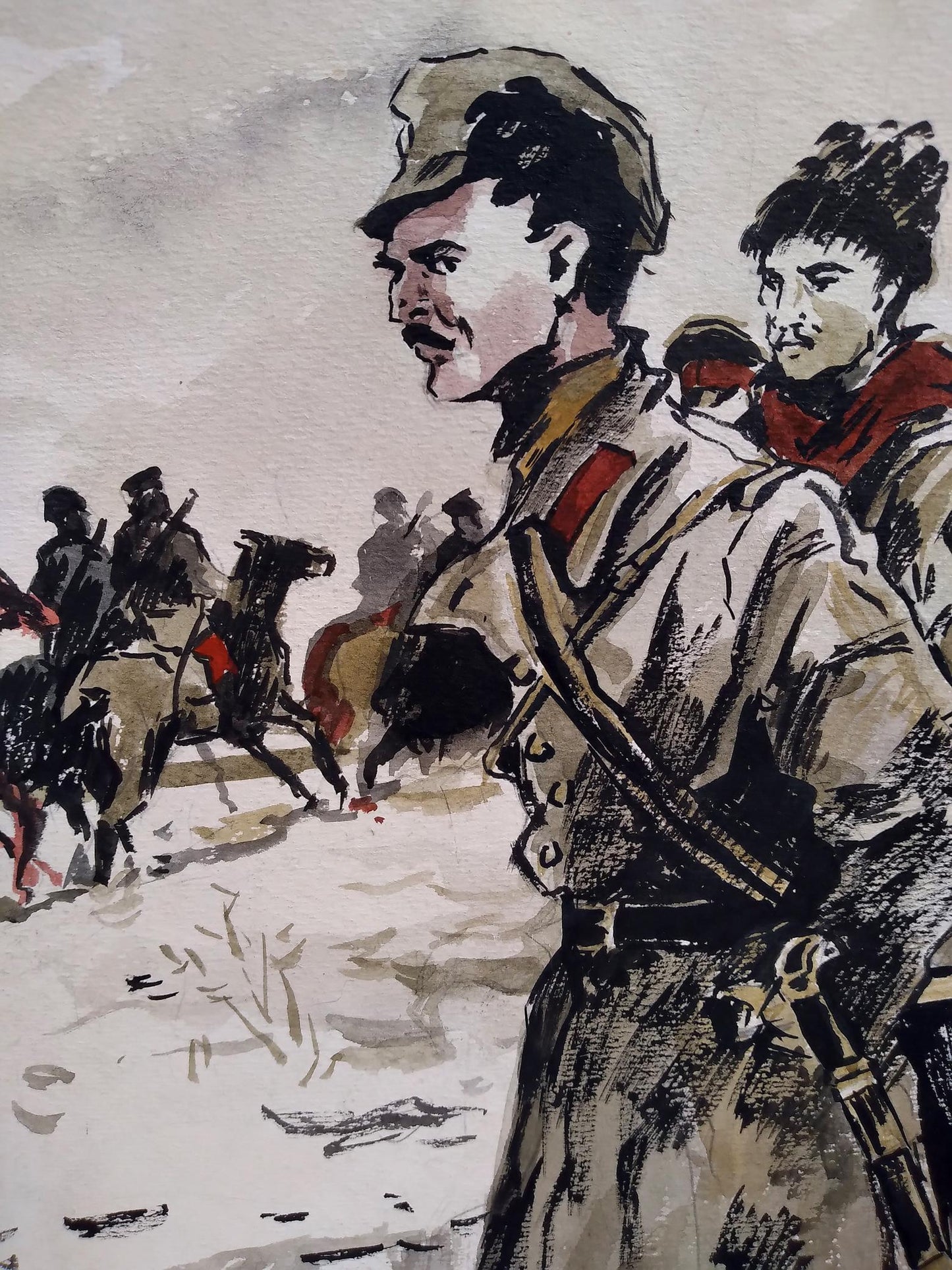 Social realism watercolor of soldiers on snowy battlefield road