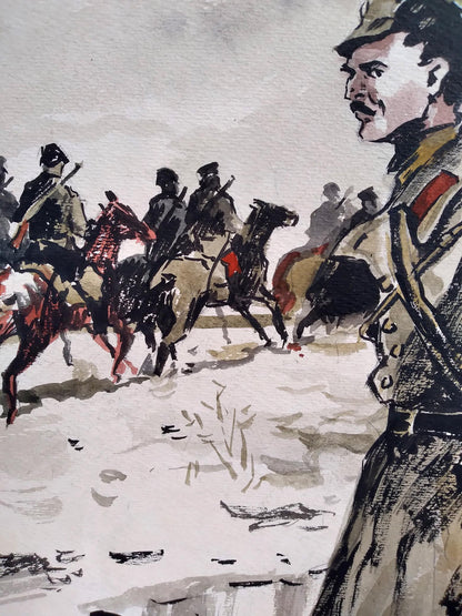 Social realism watercolor of soldiers on horseback procession